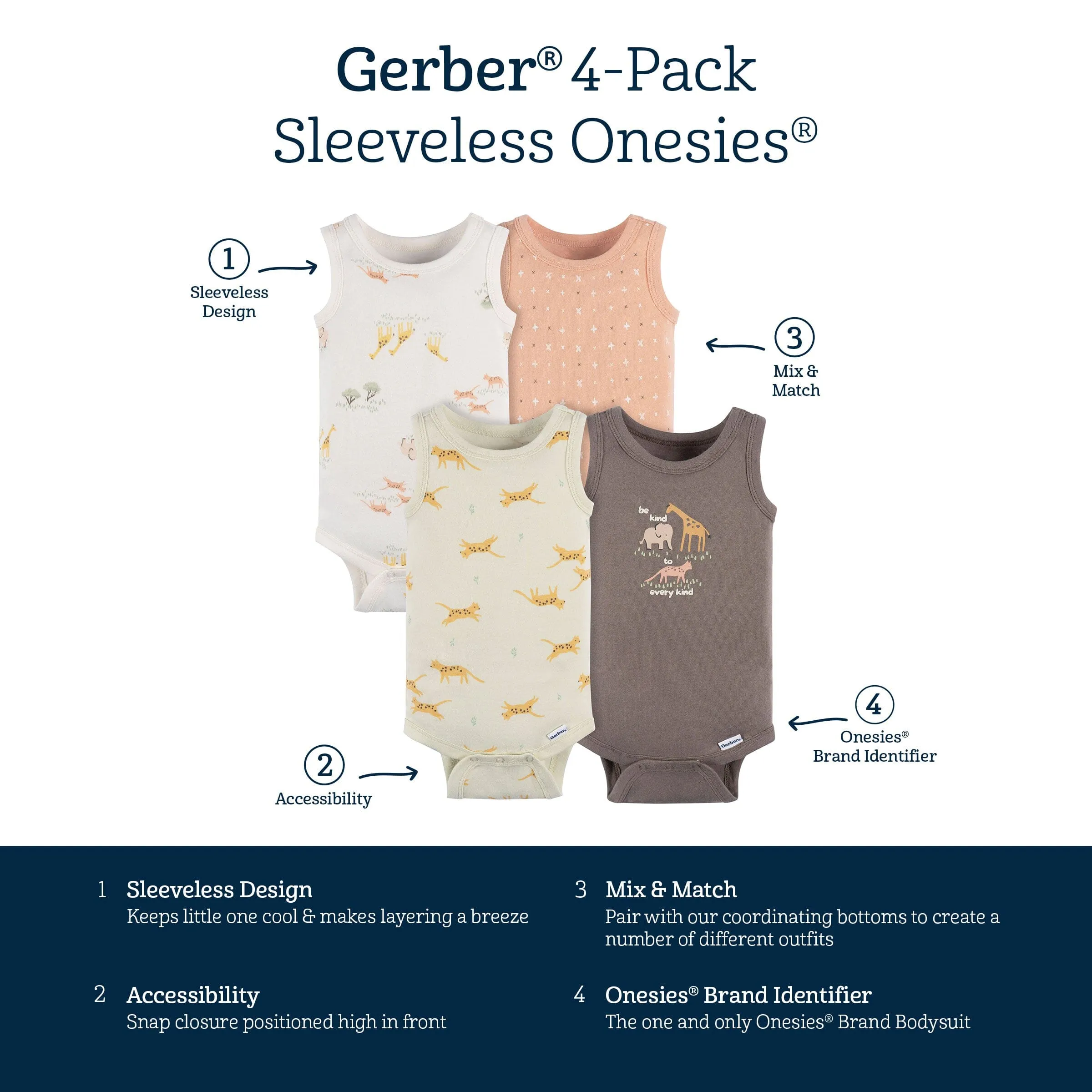 4-Pack Baby Neutral Ivory Safari Sleeveless Onesies® Bodysuits