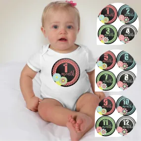Baby Custom Monthly Onesies - Floral Black Chalk Board