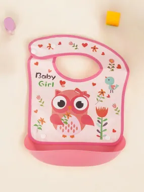Baby Girl Owl-Themed Waterproof Bib with Floral Accents