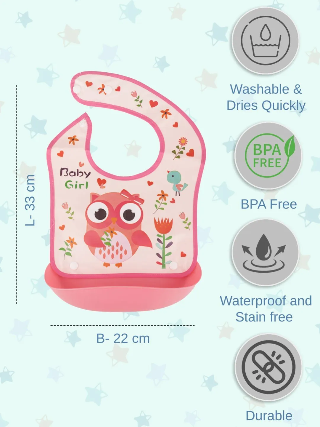 Baby Girl Owl-Themed Waterproof Bib with Floral Accents
