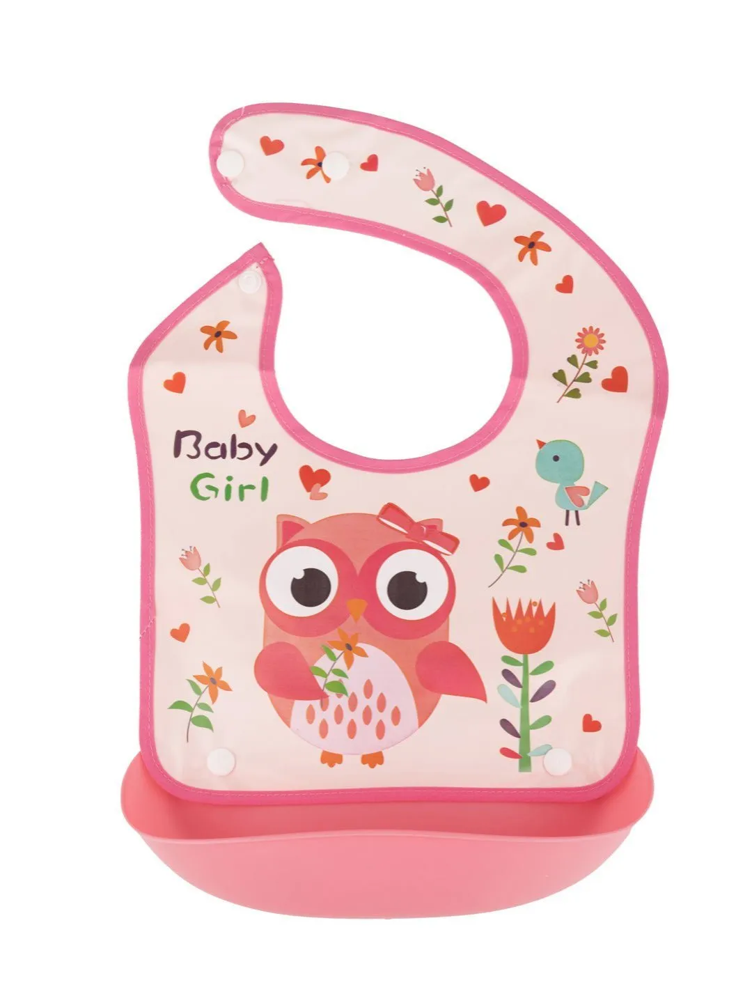 Baby Girl Owl-Themed Waterproof Bib with Floral Accents