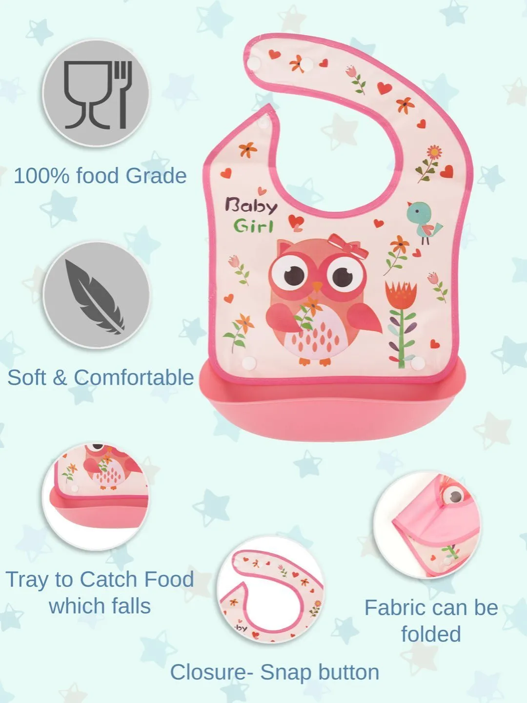Baby Girl Owl-Themed Waterproof Bib with Floral Accents