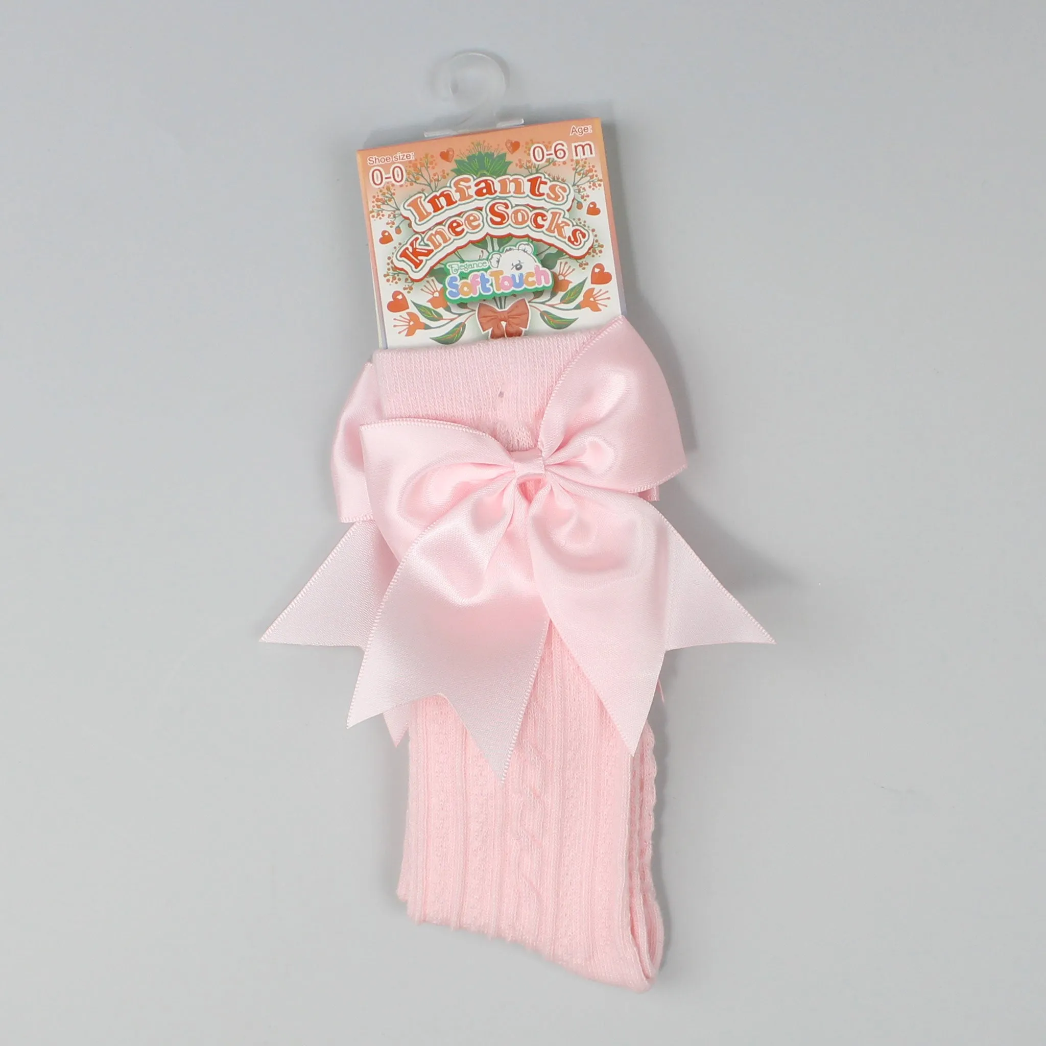Baby Girls Socks -Knee High Socks with Satin Bow- Baby Pink