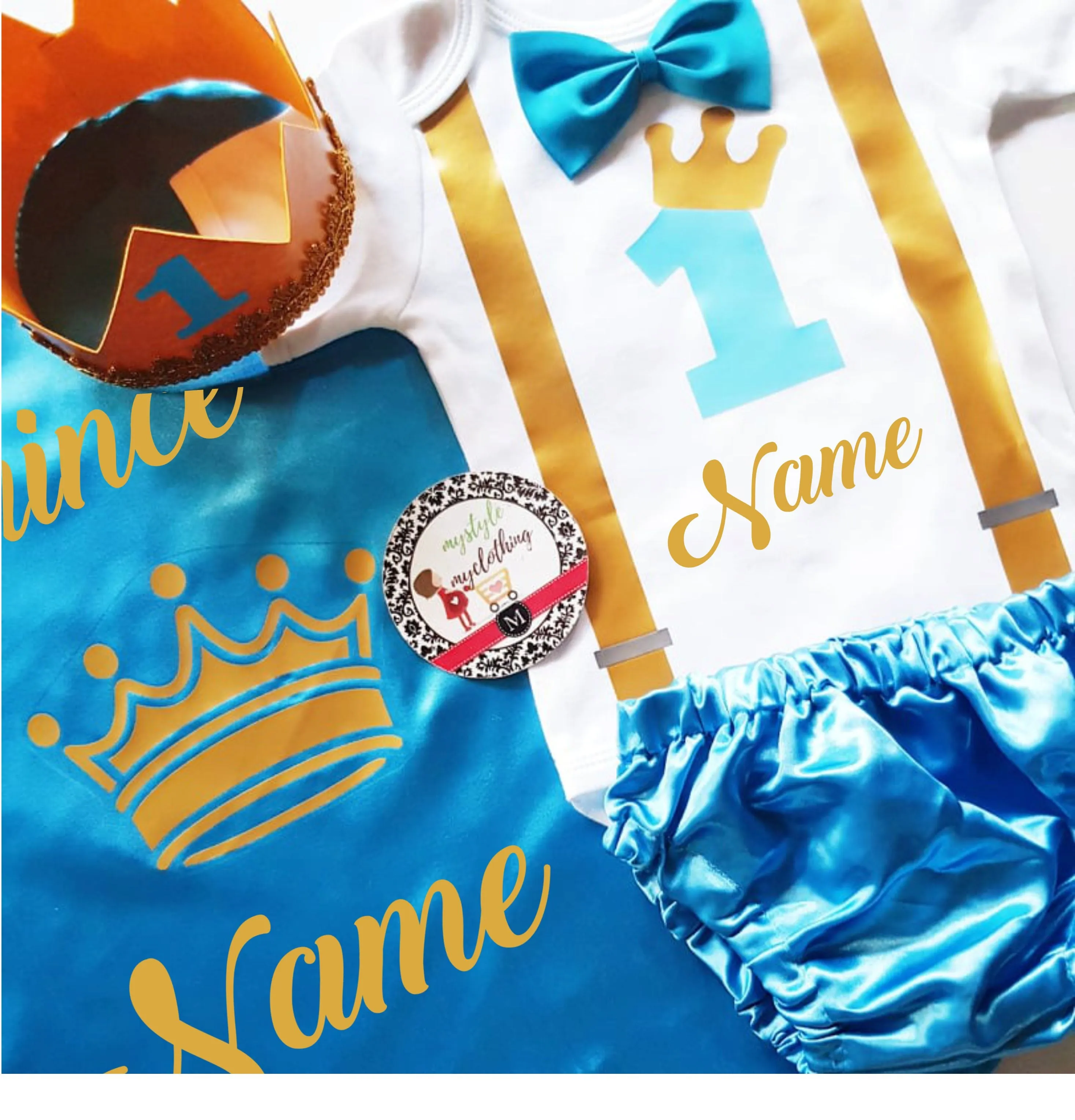 Baby Little Prince with Name Print Complete Set with Crown - Sky Blue