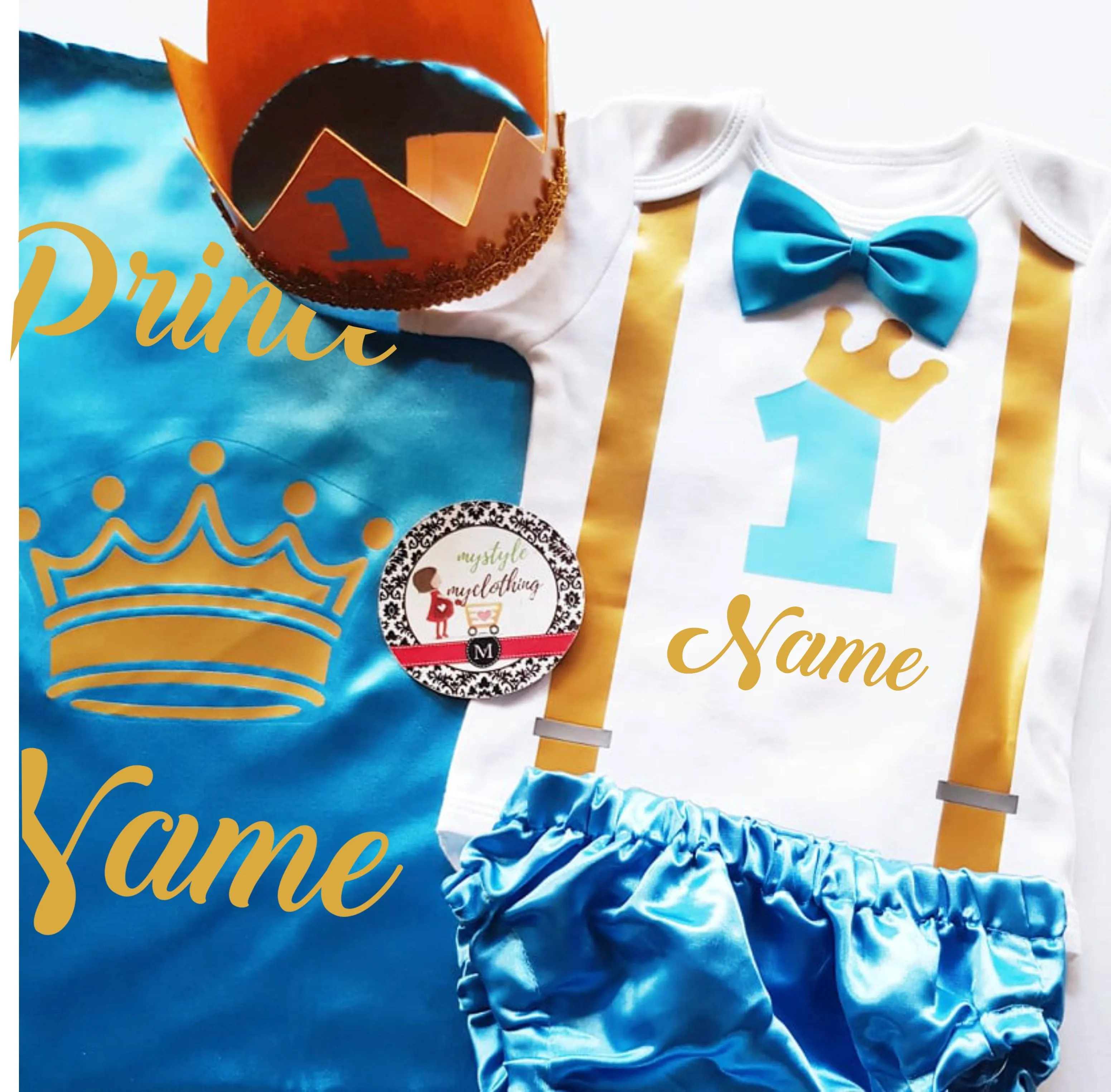 Baby Little Prince with Name Print Complete Set with Crown - Sky Blue