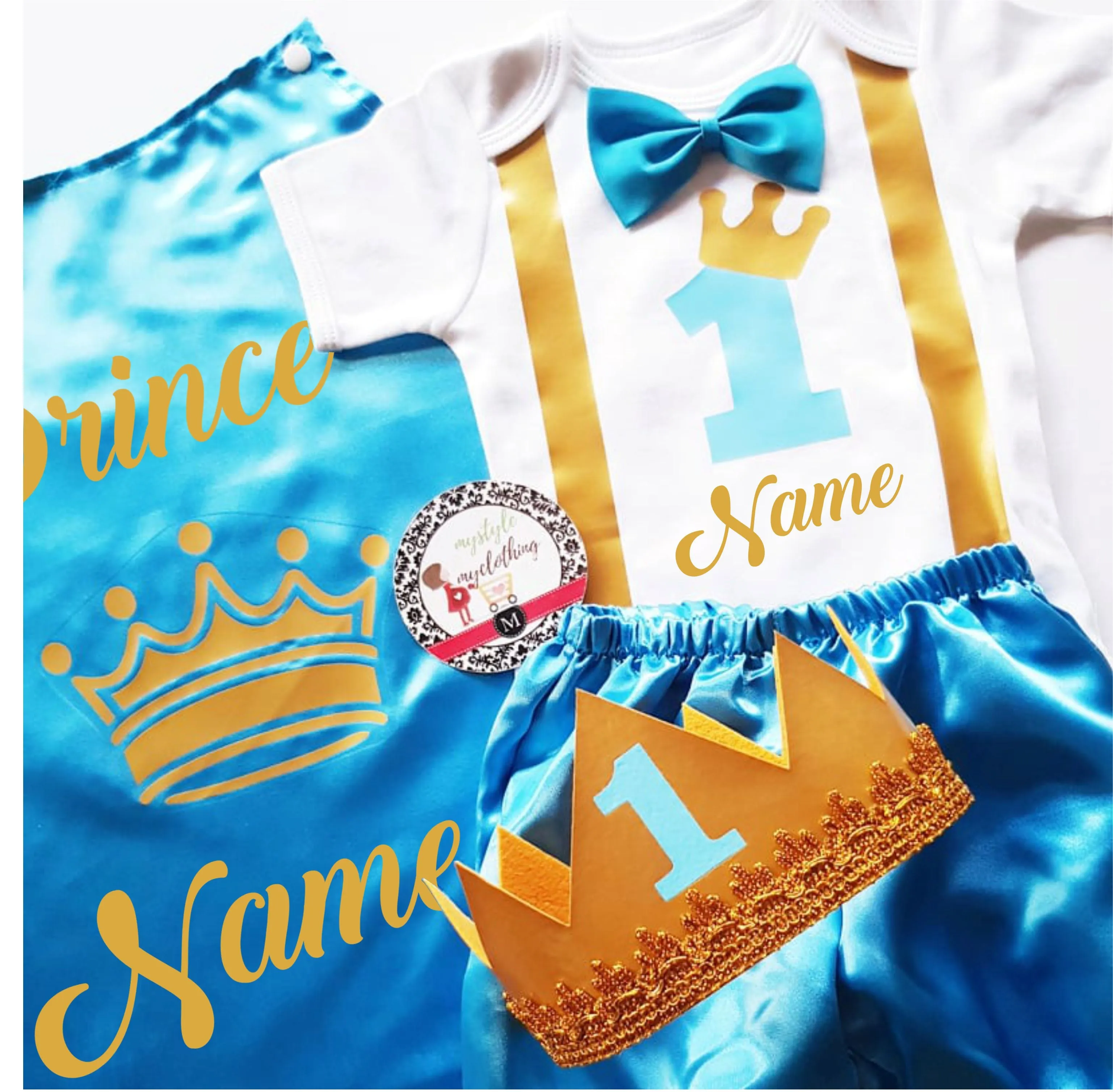 Baby Little Prince with Name Print Complete Set with Crown - Sky Blue