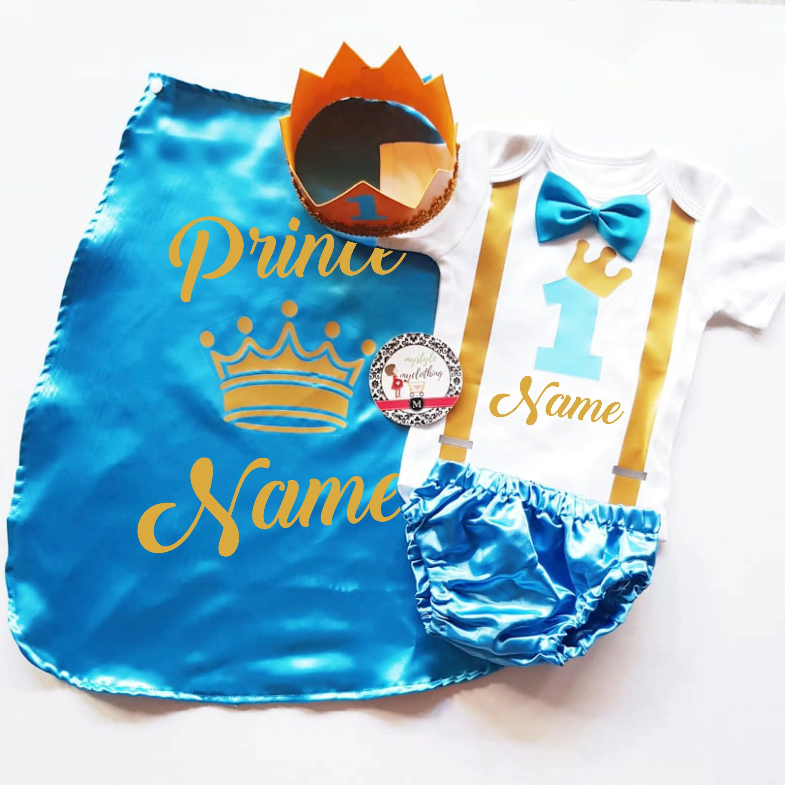 Baby Little Prince with Name Print Complete Set with Crown - Sky Blue