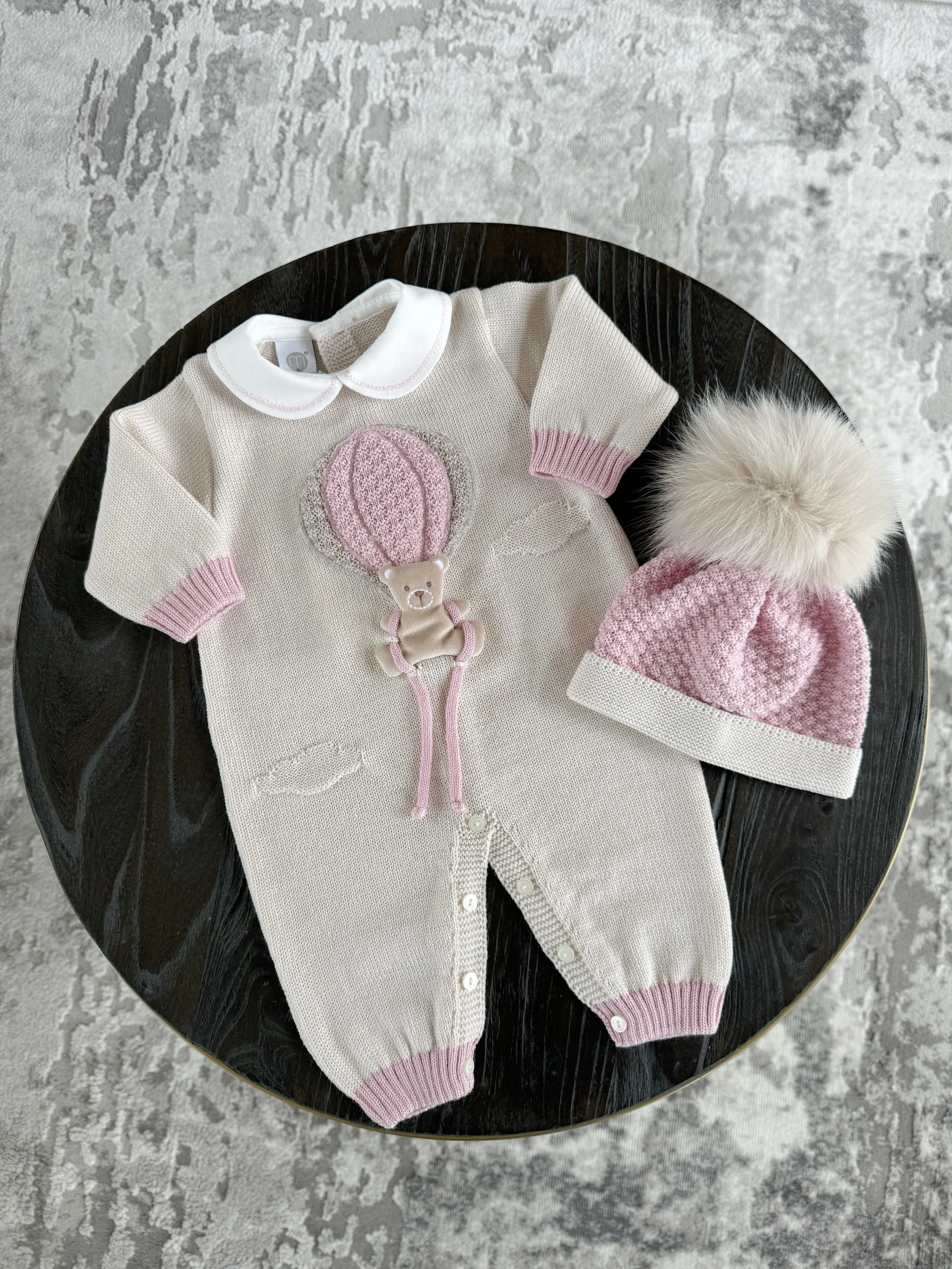 Beautiful knitted Merino Wool Cream/Pink Baby Romper with Bear/Air Ballon details.