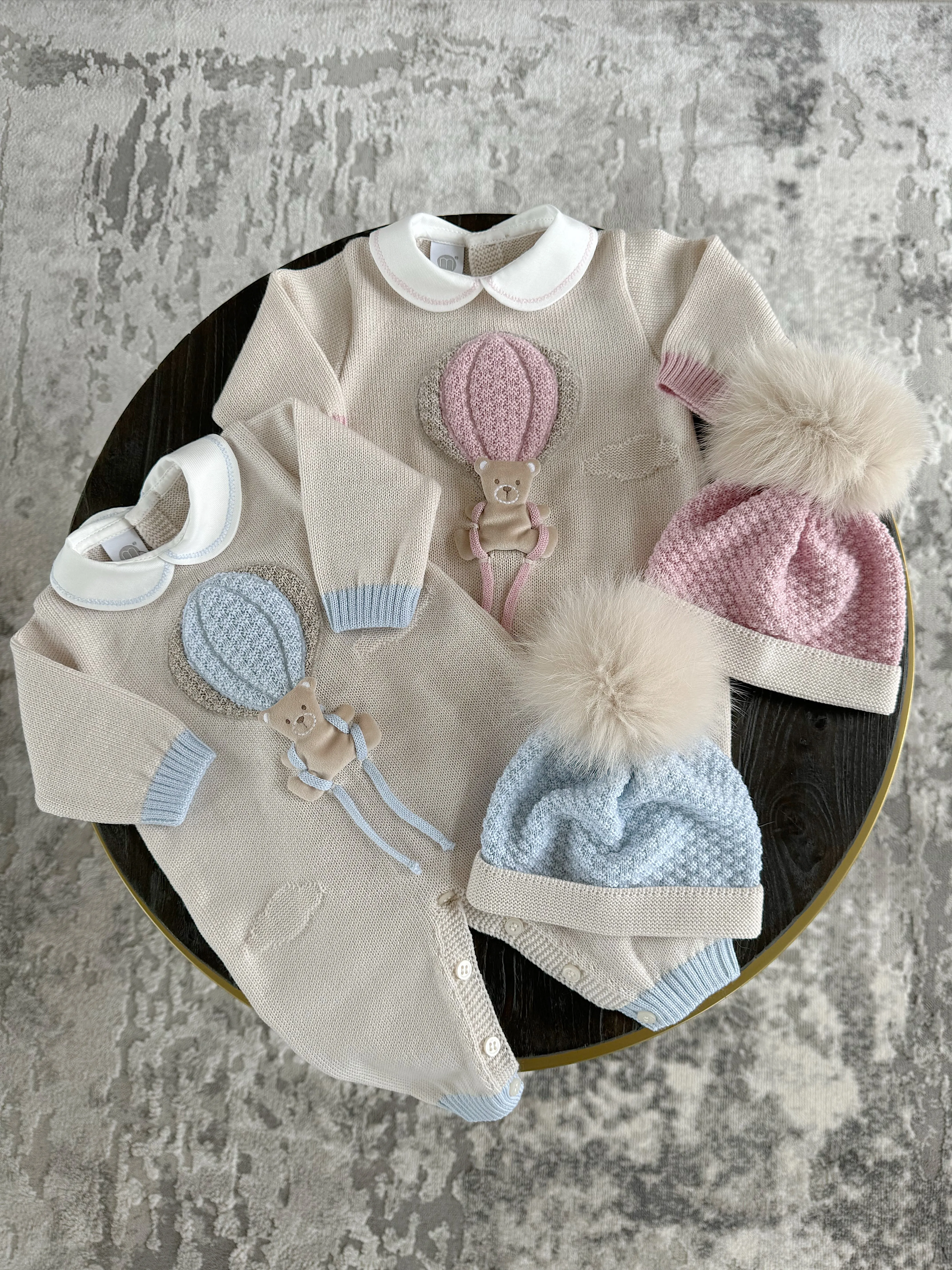 Beautiful knitted Merino Wool Cream/Pink Baby Romper with Bear/Air Ballon details.