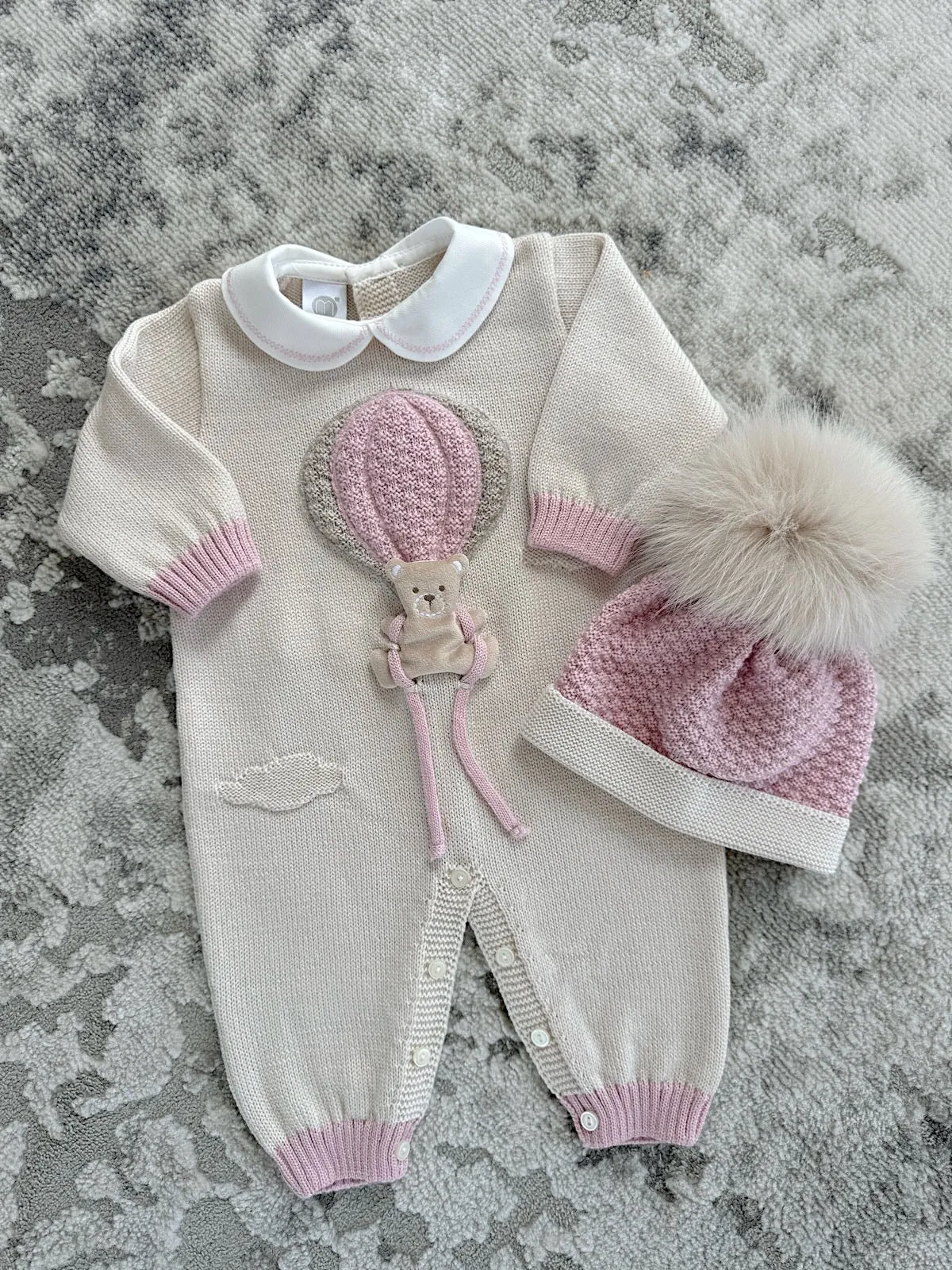 Beautiful knitted Merino Wool Cream/Pink Baby Romper with Bear/Air Ballon details.