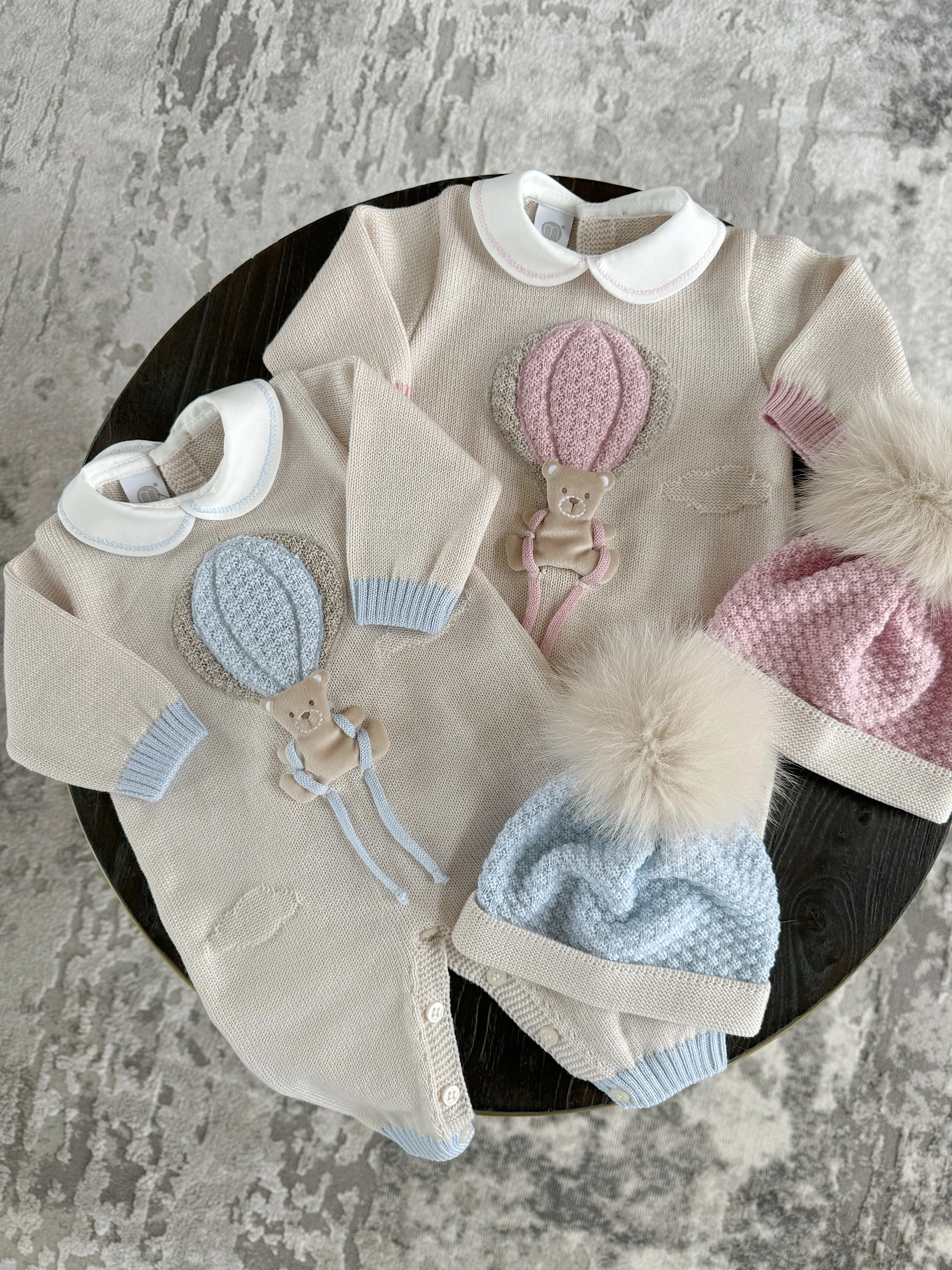 Beautiful knitted Merino Wool Cream/Pink Baby Romper with Bear/Air Ballon details.