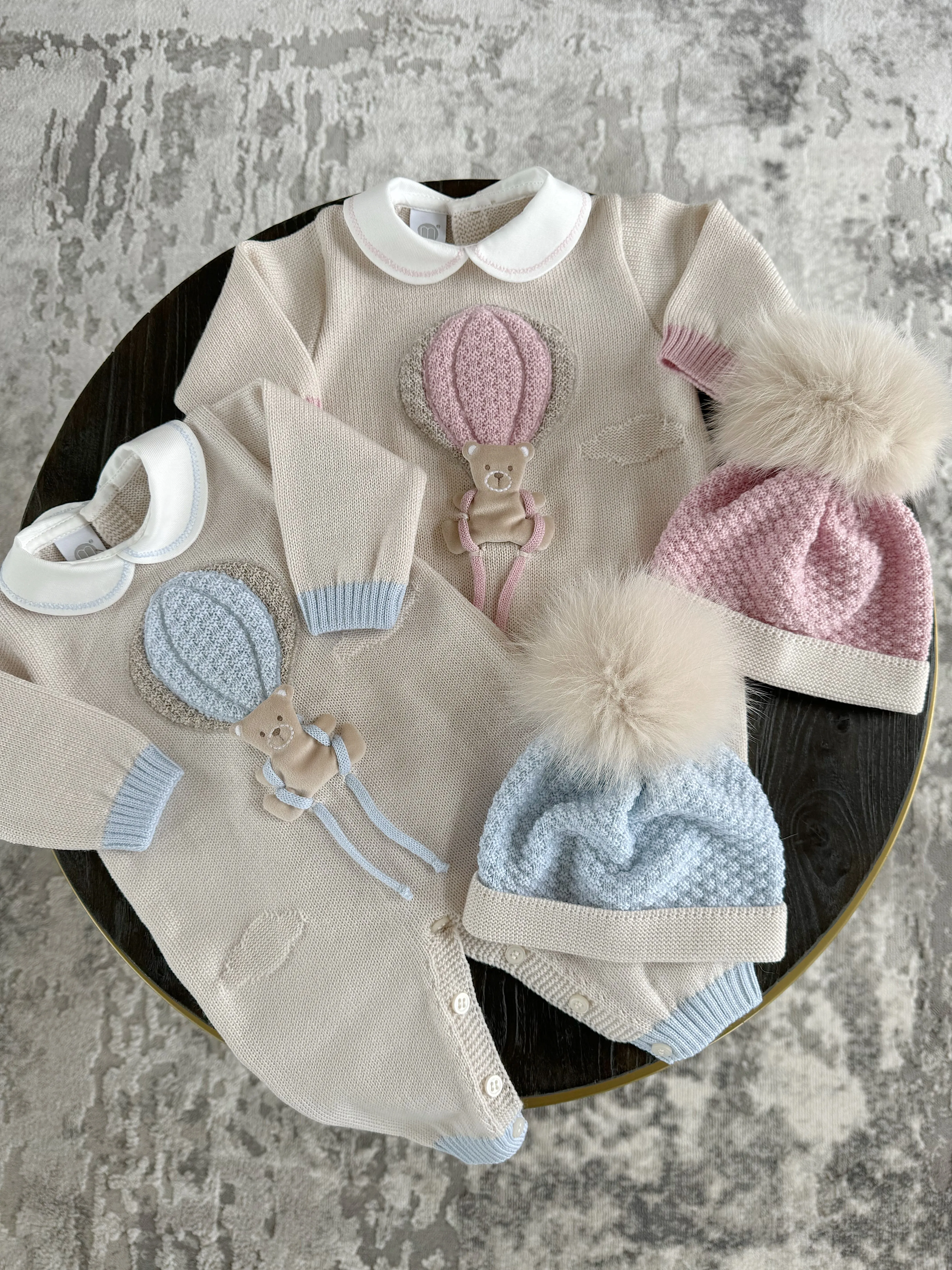 Beautiful knitted Merino Wool Cream/Pink Baby Romper with Bear/Air Ballon details.