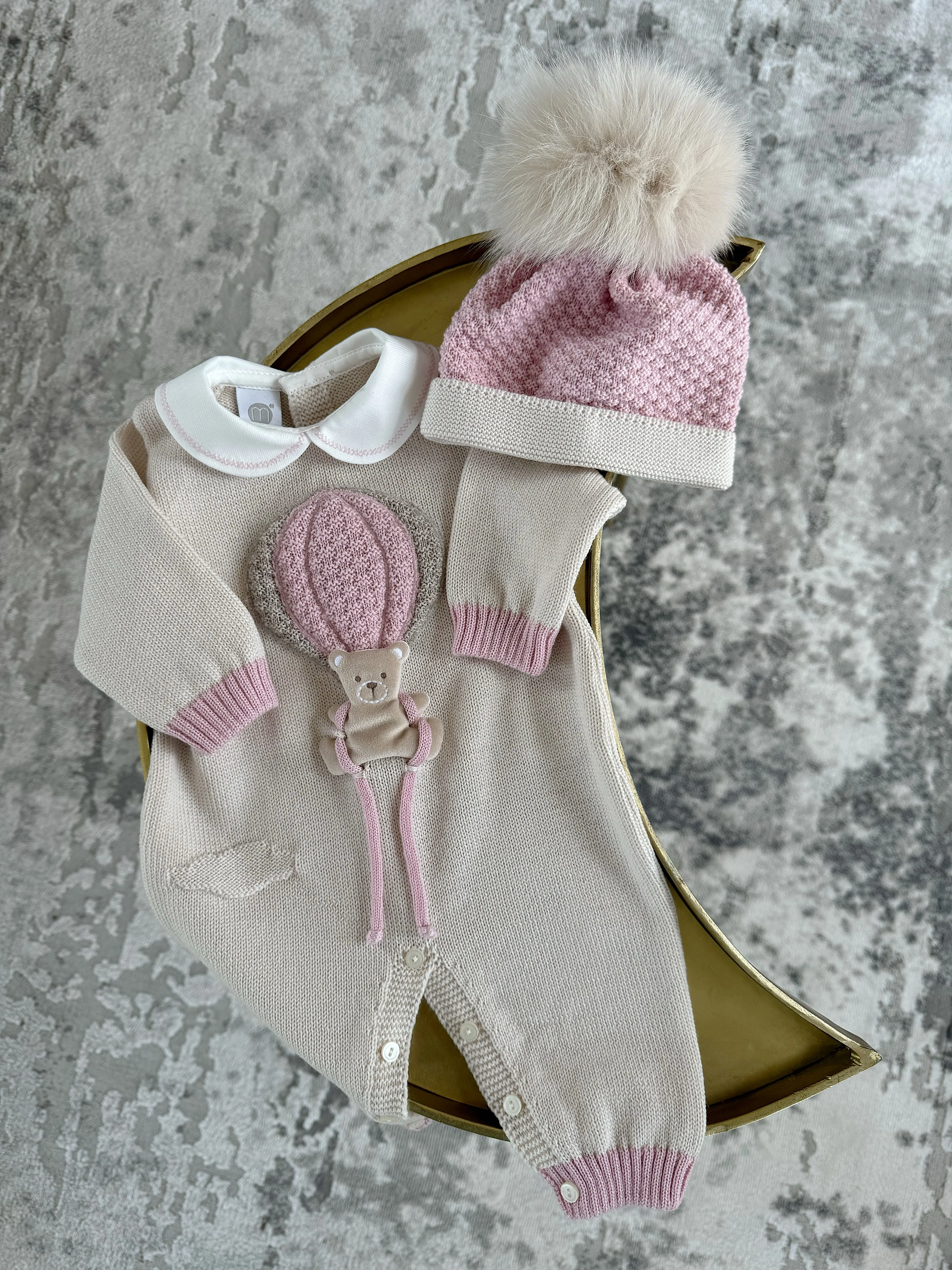Beautiful knitted Merino Wool Cream/Pink Baby Romper with Bear/Air Ballon details.
