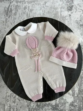 Beautiful knitted Merino Wool Cream/Pink Baby Romper with Bear/Air Ballon details.