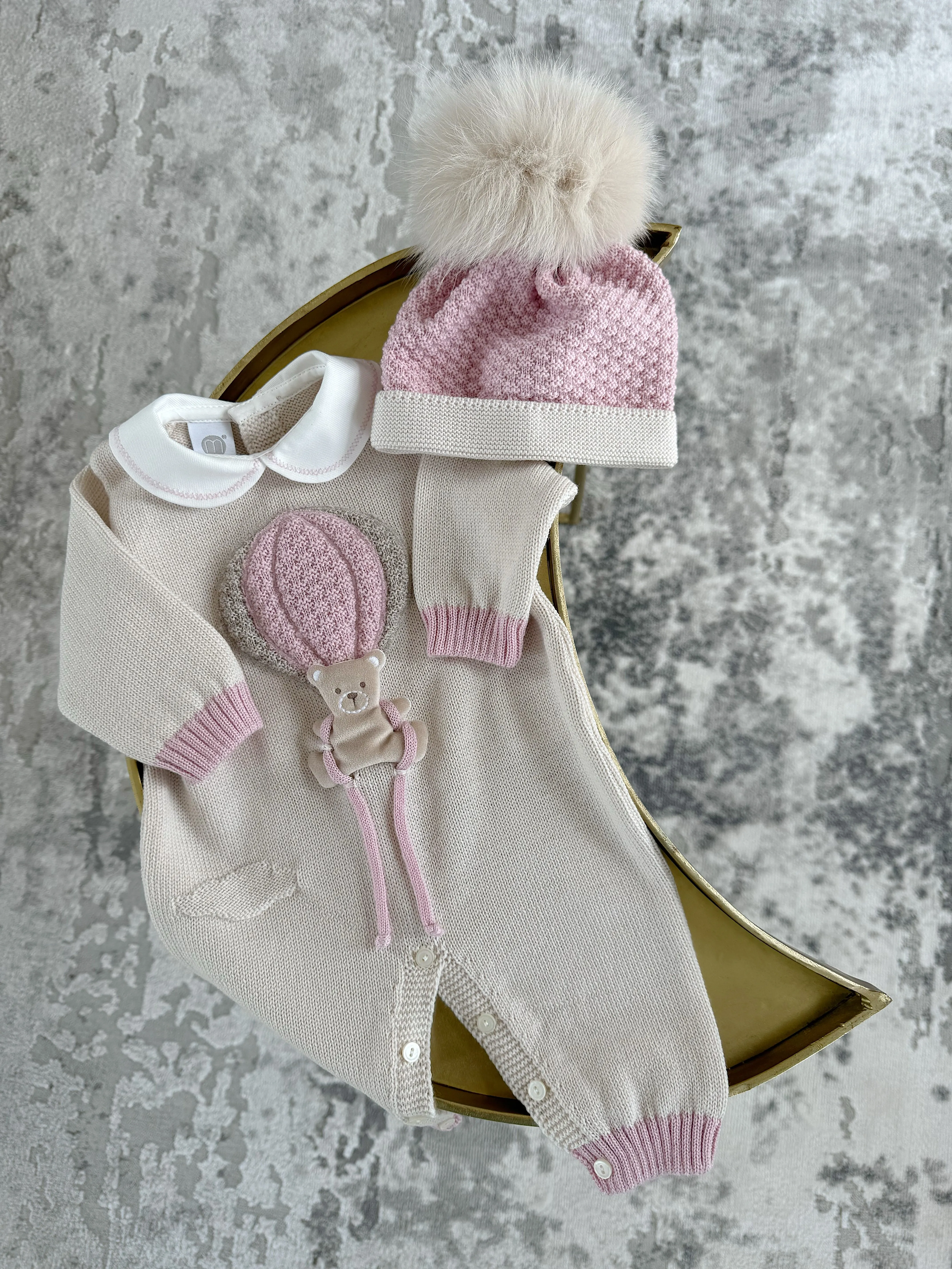 Beautiful knitted Merino Wool Cream/Pink Baby Romper with Bear/Air Ballon details.