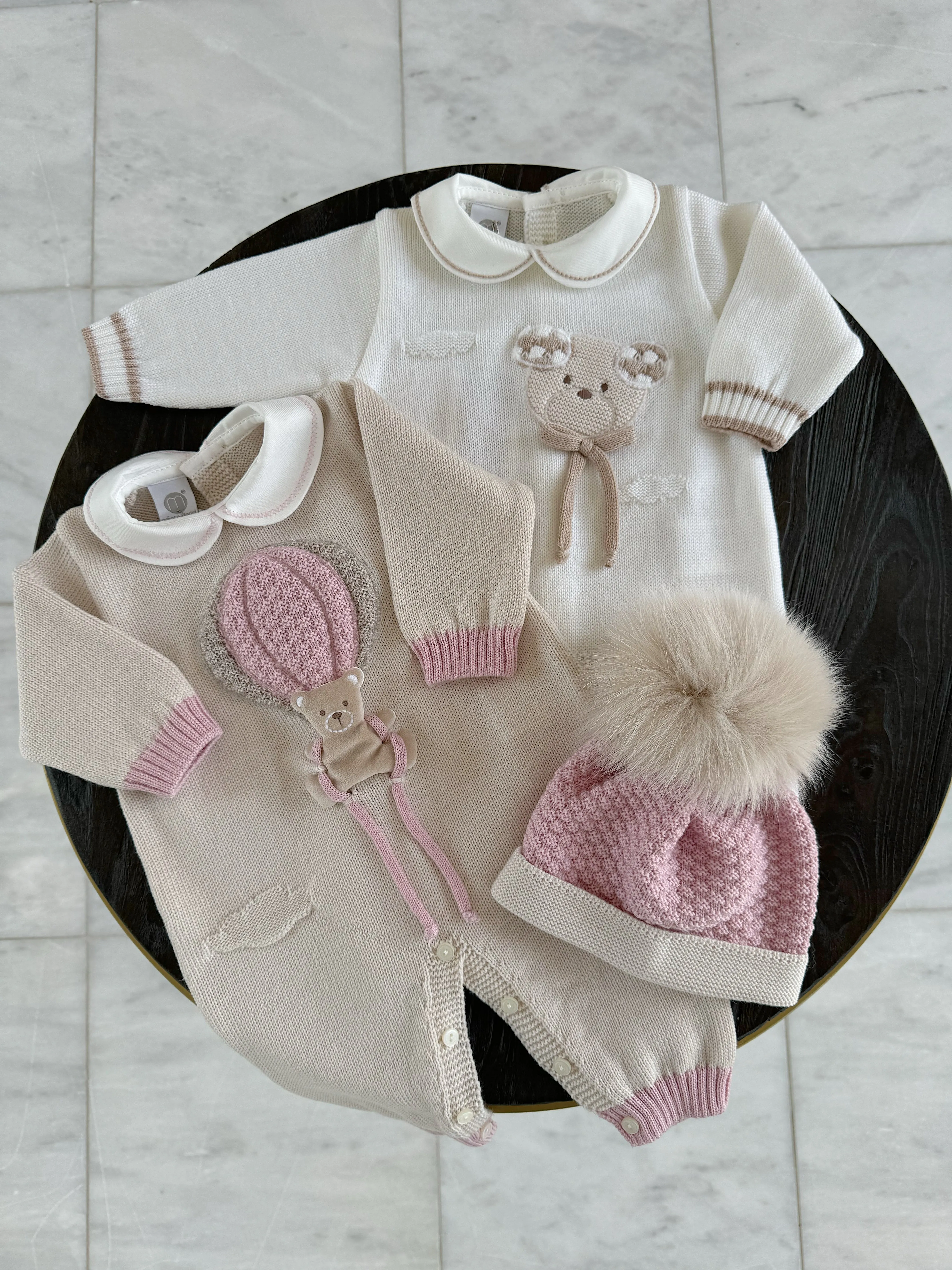 Beautiful knitted Merino Wool Cream/Pink Baby Romper with Bear/Air Ballon details.