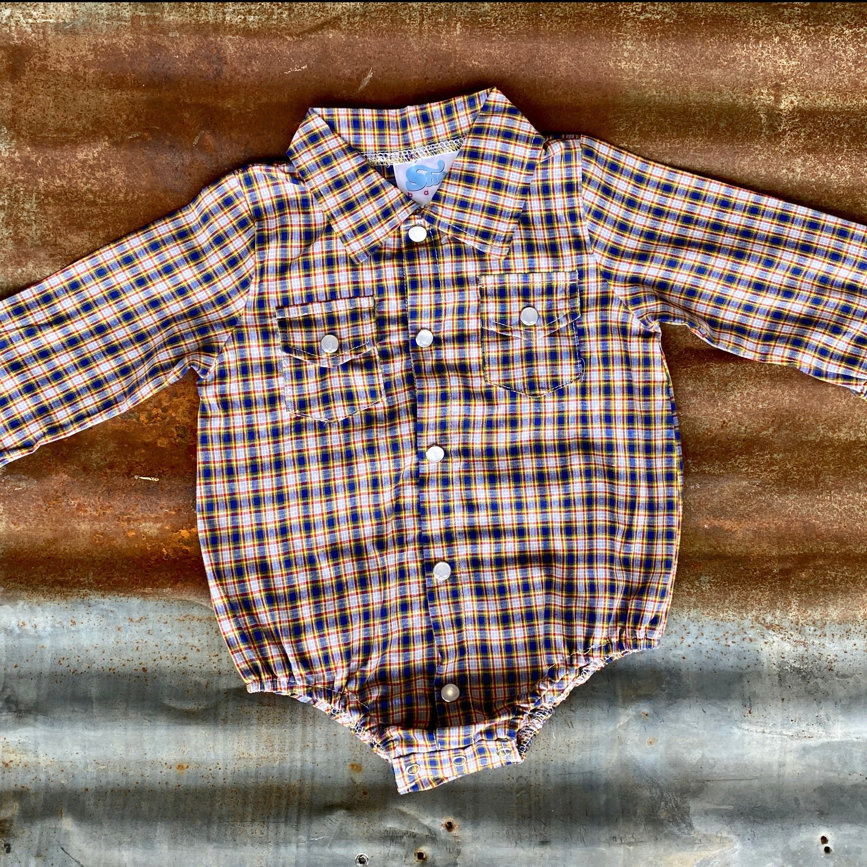 Blue Plaid LS Pearl Snap Onesie Baby (0-18M)