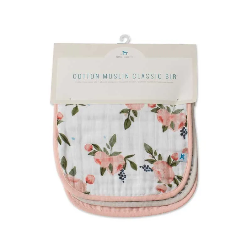 Cotton Muslin Classic Bib 3pk - Watercolour Roses