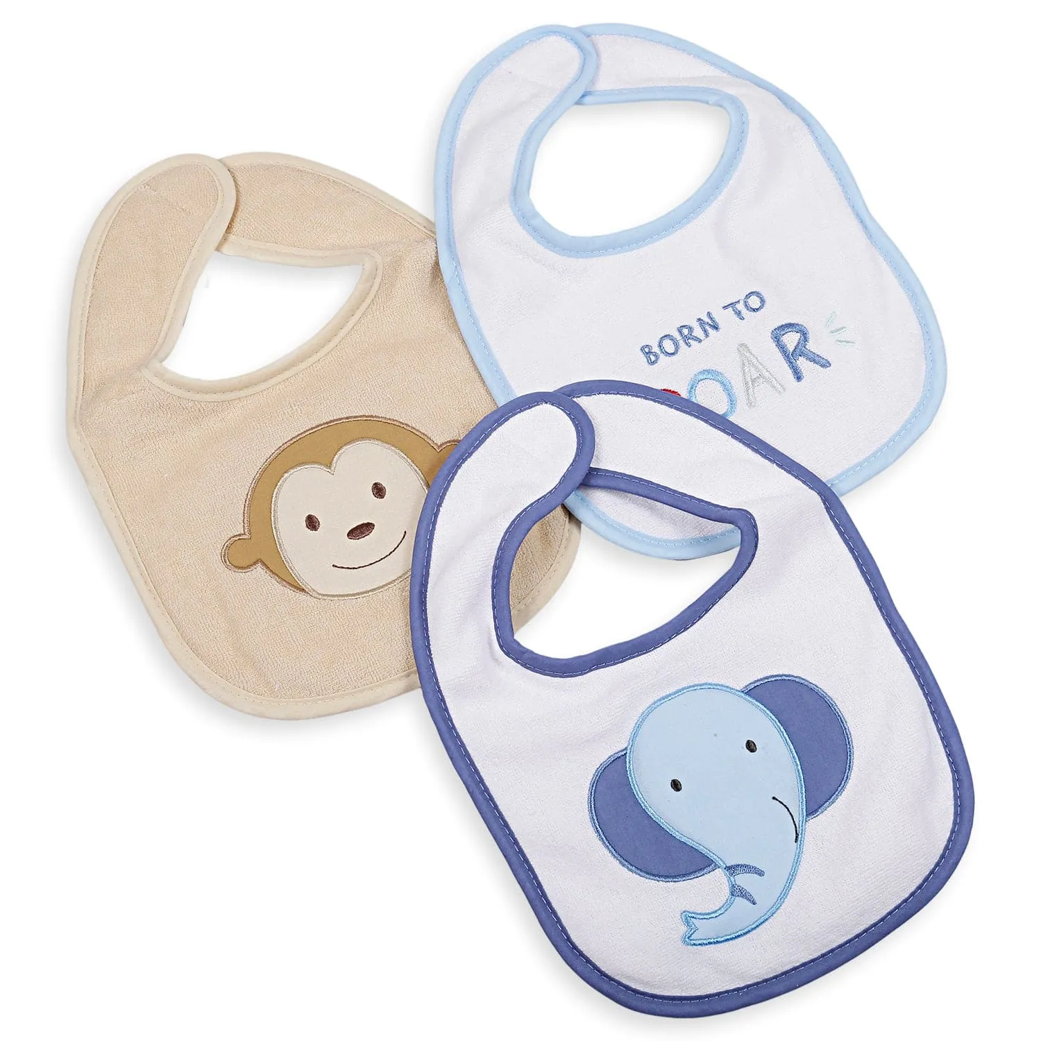 Feeding Bibs Pack Of 3 Roaring Animals White Blue And Beige