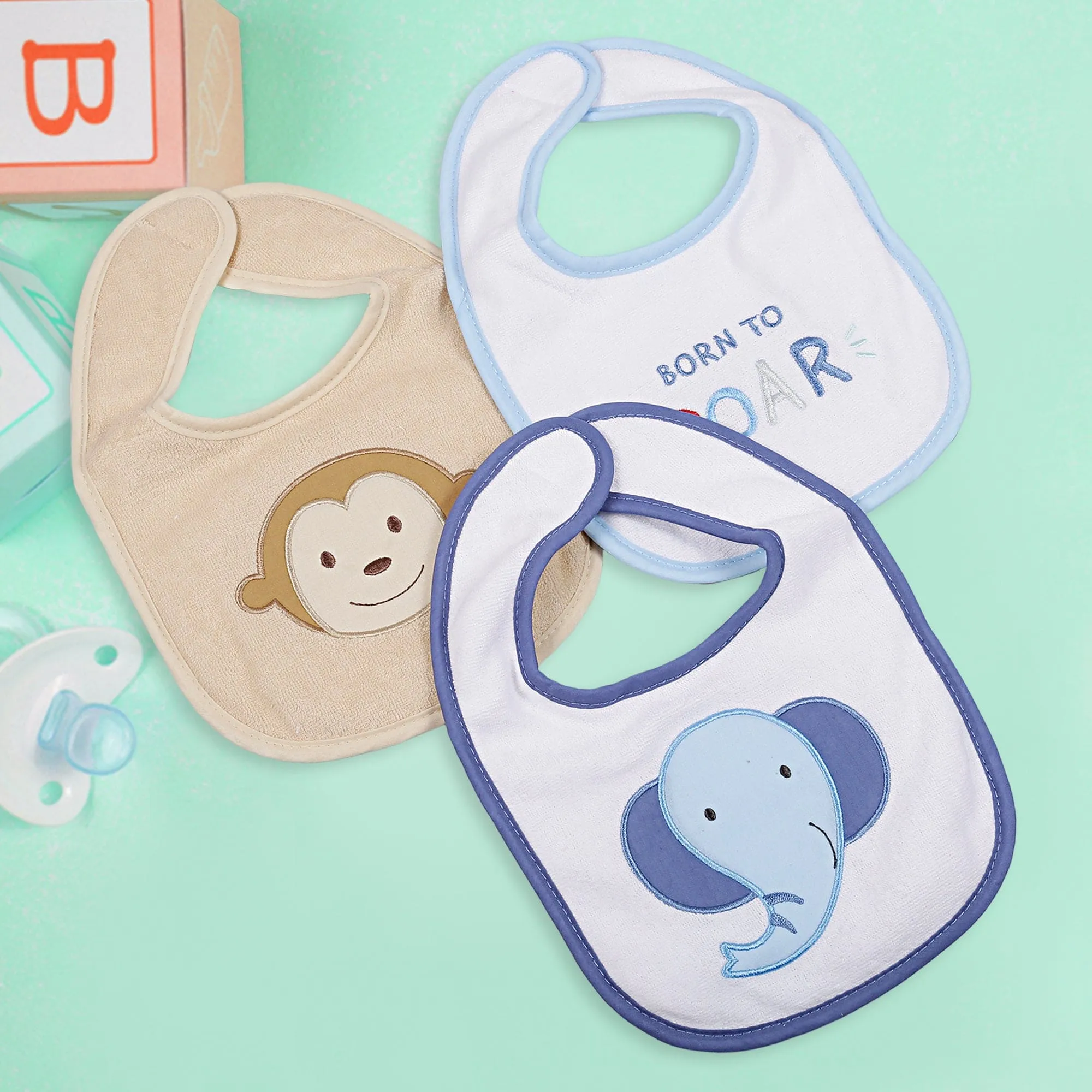 Feeding Bibs Pack Of 3 Roaring Animals White Blue And Beige