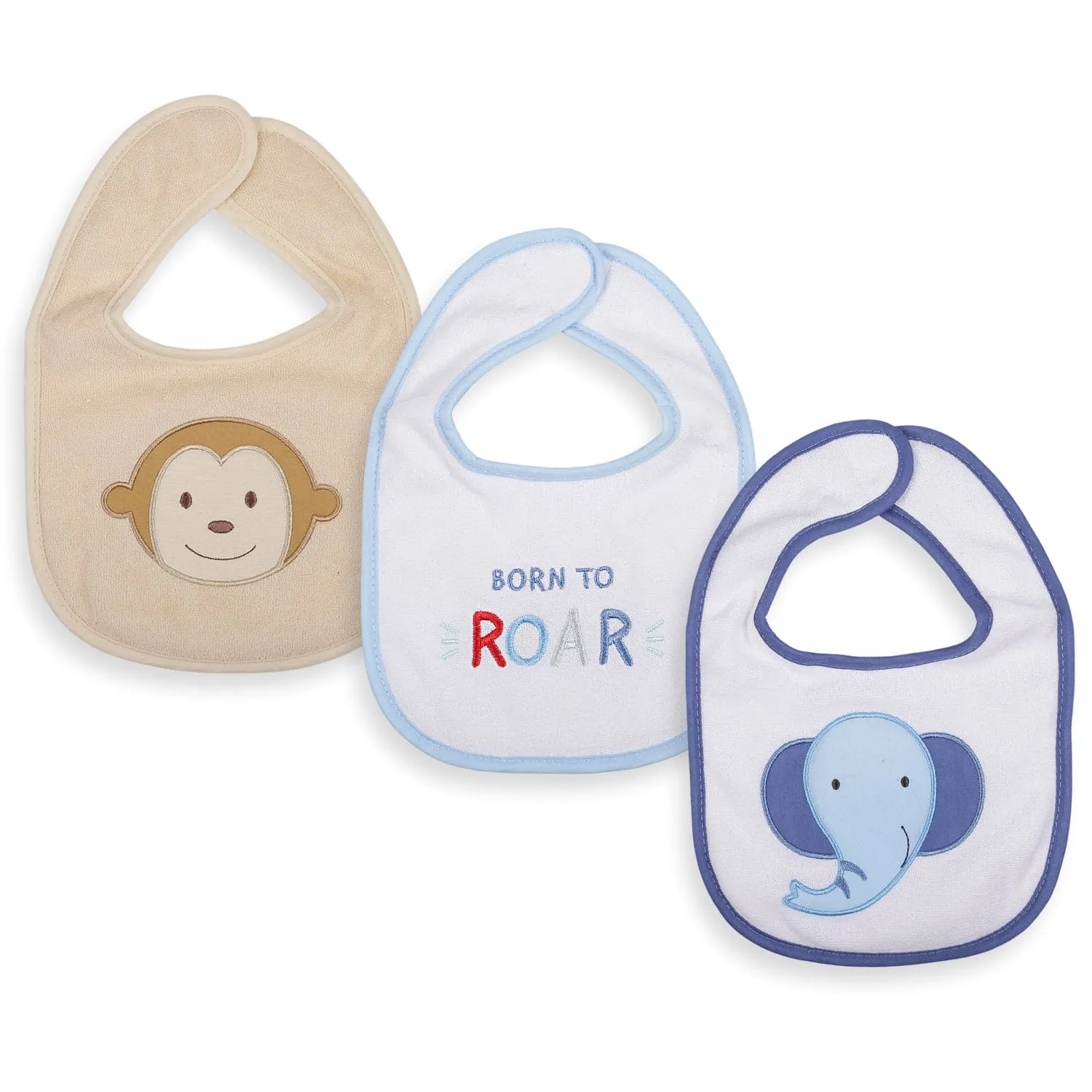 Feeding Bibs Pack Of 3 Roaring Animals White Blue And Beige