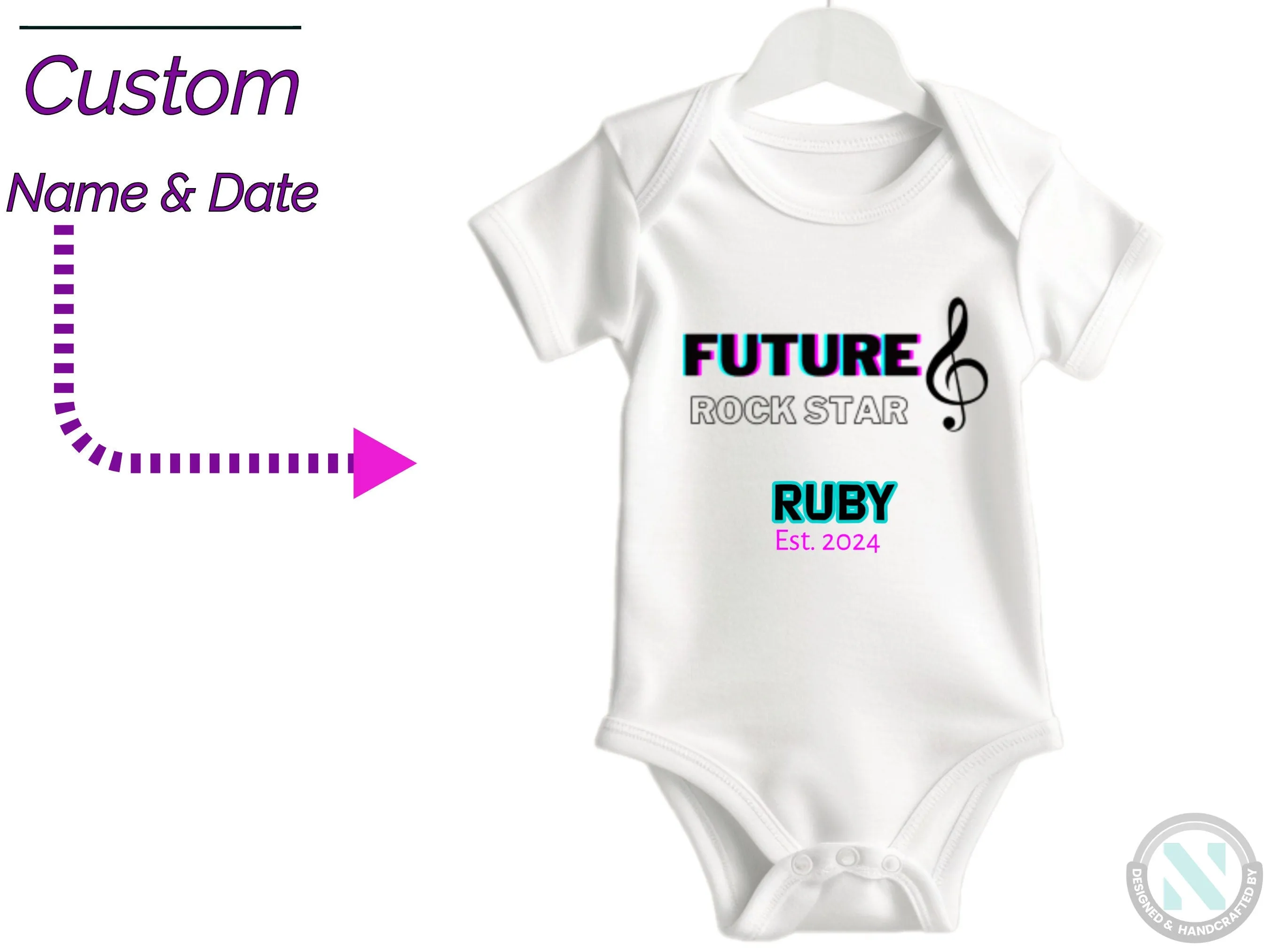 Girls Custom Name And Date Baby Bodysuit With Text Future Rock Star,