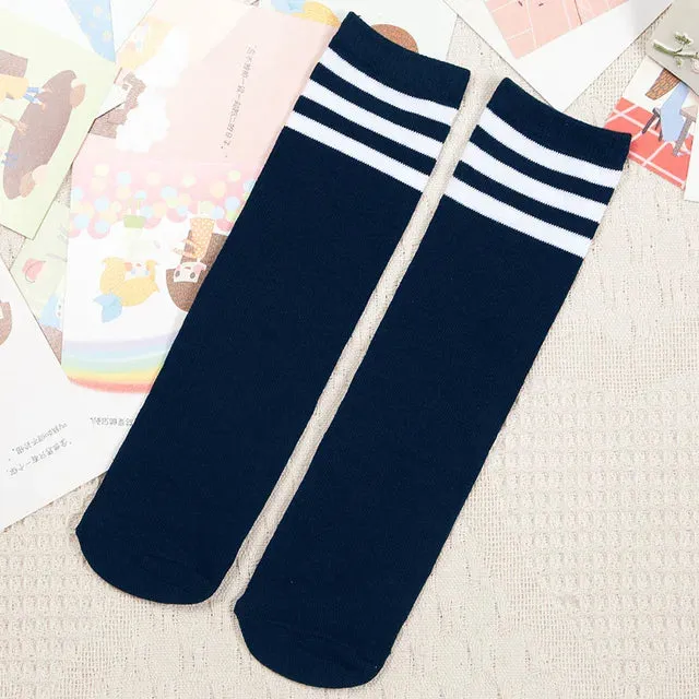 Kids Knee High Socks For Girls Boys Football Stripes Cotton Sports Old School White Socks Skate Children Baby Long Tube Leg Warm