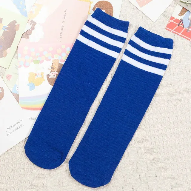 Kids Knee High Socks For Girls Boys Football Stripes Cotton Sports Old School White Socks Skate Children Baby Long Tube Leg Warm