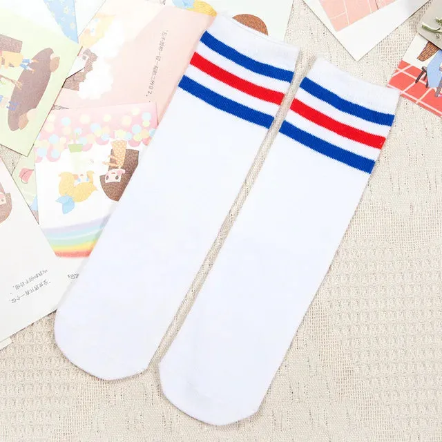 Kids Knee High Socks For Girls Boys Football Stripes Cotton Sports Old School White Socks Skate Children Baby Long Tube Leg Warm