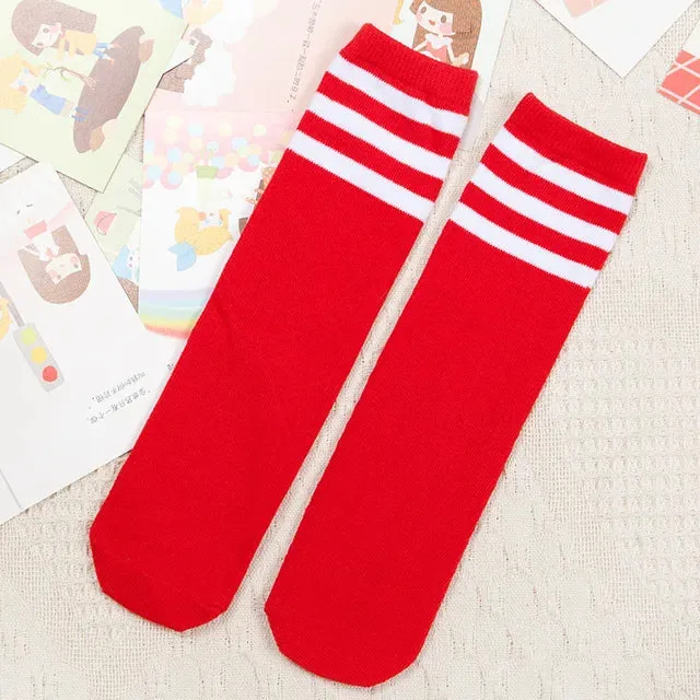 Kids Knee High Socks For Girls Boys Football Stripes Cotton Sports Old School White Socks Skate Children Baby Long Tube Leg Warm