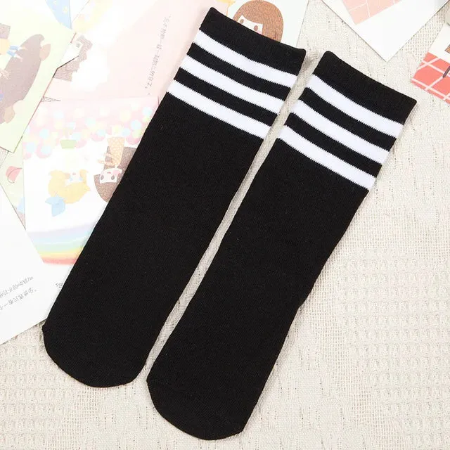 Kids Knee High Socks For Girls Boys Football Stripes Cotton Sports Old School White Socks Skate Children Baby Long Tube Leg Warm