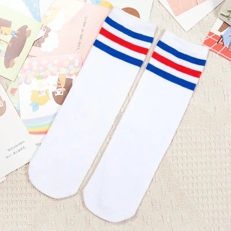 Kids Knee High Socks For Girls Boys Football Stripes Cotton Sports Old School White Socks Skate Children Baby Long Tube Leg Warm