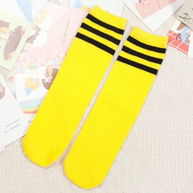 Kids Knee High Socks For Girls Boys Football Stripes Cotton Sports Old School White Socks Skate Children Baby Long Tube Leg Warm