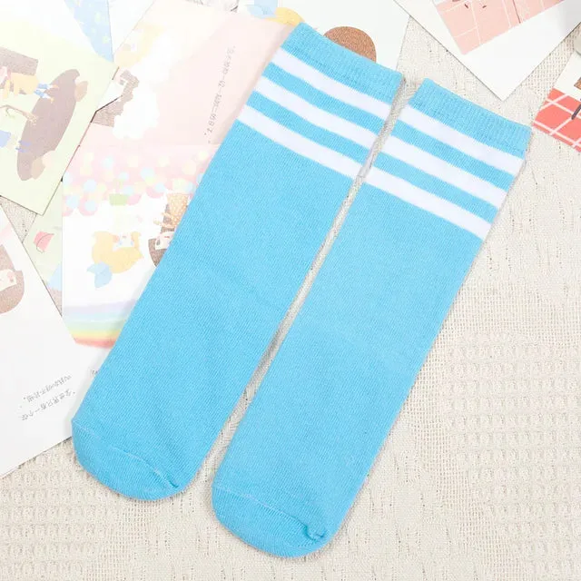 Kids Knee High Socks For Girls Boys Football Stripes Cotton Sports Old School White Socks Skate Children Baby Long Tube Leg Warm
