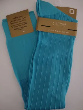 Mens Turquoise Origins Silky Sheer Knee-High OTC Nylon Dress Socks TNT