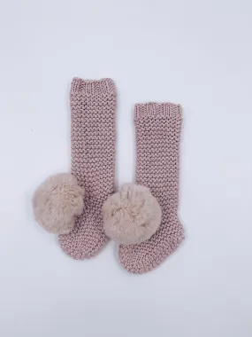 MI LOVES SIGNATURE Dusty pink Long Handknitted pompom booties