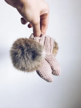 MILOVES Signature Hand Knitted baby booties with rabbit fur pompoms