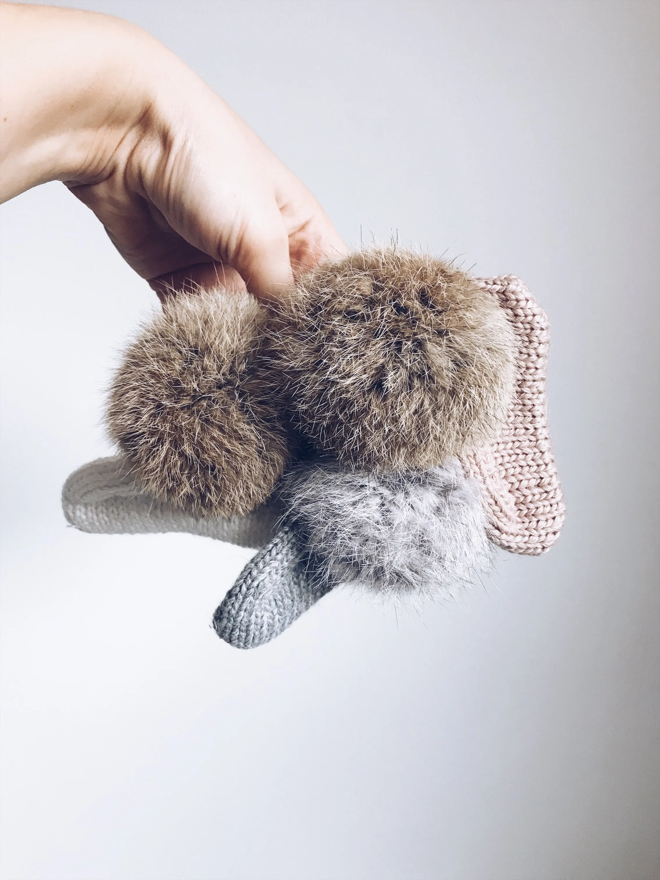 MILOVES Signature Hand Knitted baby booties with rabbit fur pompoms