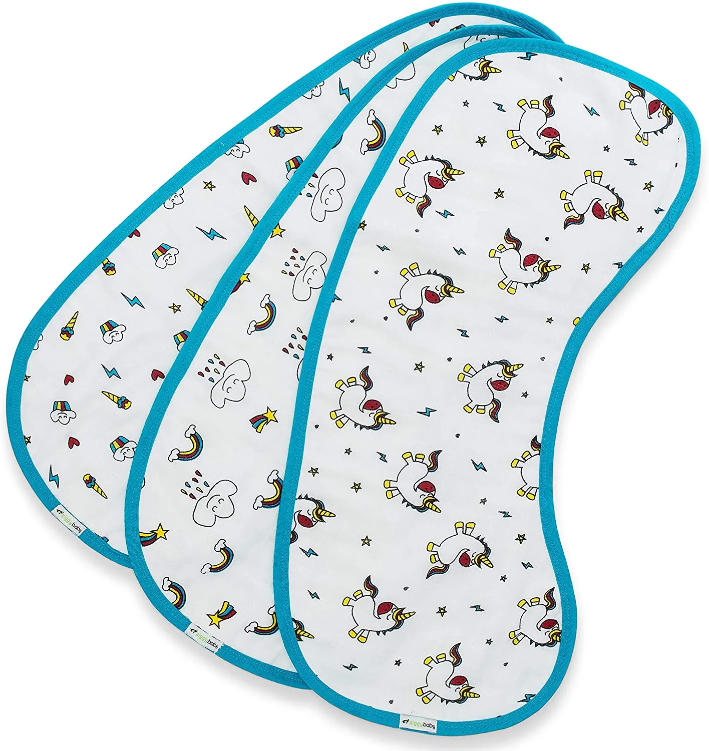 Muslin Burp Cloths, Burpy Bib Set (3 Pack) Unicorn, Rainbow, Cupcake