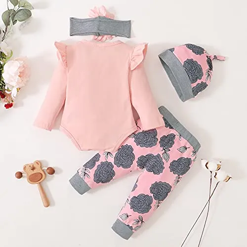 Renotemy Infant Baby Girl Clothes Baby Girl Stuff Long Sleeve Romper Pants Set 0-3 Months Baby Girl Clothes Lightpink