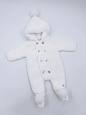 White knitted Baby pramsuit with matching knitted pompom booties.